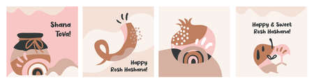 Jewish holiday Rosh Hashana, greeting card set in minimalistic style. Jewish traditional greetings. Pomegranate, apple , honey and flowers. Vector illustrationのイラスト素材