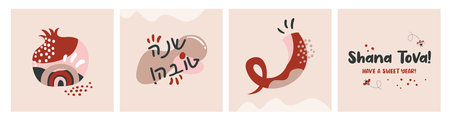 Rosh Hashana, Jewish holiday icons with abstract patterns. Apple, honey, pomegranate and flowers, New Year symbols and icon. Vector illustrationのイラスト素材