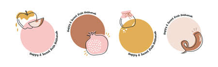 Jewish holiday Rosh Hashana, greeting card set in minimalistic style. traditional greetings. Pomegranate, apple , honey and flowers. Sweet and happy new year in Hebrew. Vector illustrationのイラスト素材