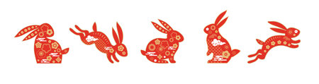 Chinese new year 2023 year of the rabbit - Chinese zodiac symbol, Lunar new year concept,bunny and rabbit in chinese style with flowers and cloudsのイラスト素材