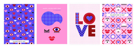 Valentines day concept posters set. Vector illustration. red and pink paper hearts with frame on geometric background. Cute love sale banners or greeting cardsのイラスト素材