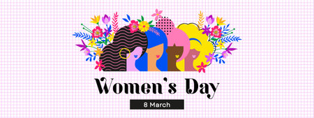 Happy women's day card with women of different ethnicities and cultures stand side by side together with flowers around them. Strong and brave girls support each other. Sisterhood and females friendship. Vector banner.のイラスト素材
