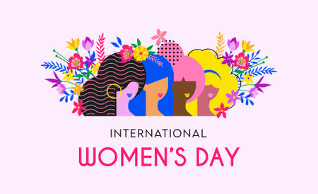 Happy women's day card with women of different ethnicities and cultures stand side by side together with flowers around them. Strong and brave girls support each other. Sisterhood and females friendship. Vector banner.のイラスト素材