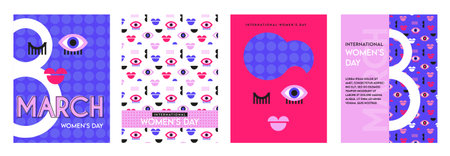 womens day greeting card set and posters. Happy womens day with pattern and abstract woman face. Strong and brave girls support each other. Sisterhood and females friendship. Vector illustrationのイラスト素材