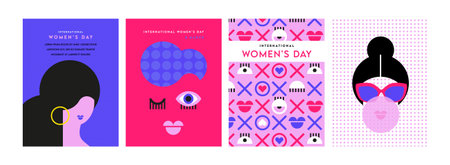 womens day greeting cards and posters. Happy womens day with pattern and abstract woman face. Strong and brave girls support each other. Sisterhood and females friendship. Vector illustrationのイラスト素材