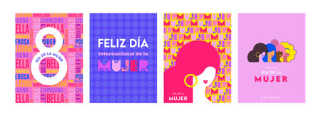 women's day greeting cards and posters. Happy women's day with women of different ethnicities and cultures stand side by side together with flowers around them. Strong and brave girls support each other. Sisterhood and females friendship. happy women day in Spanishのイラスト素材