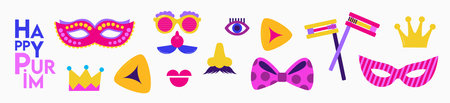 Purim, Jewish holiday. Funfair funny costume accessories, carnival mask and carnival and birthday party elements.のイラスト素材