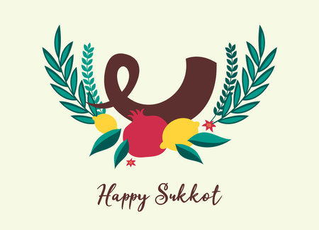 Sukkot, Jewish holiday. Four species traditional symbol of Sukkot holiday. Sukkot set of herbs and spices of the etrog, lulav, Arava, Hadas. Jewish holiday. greeting card set. Vector illustrationのイラスト素材