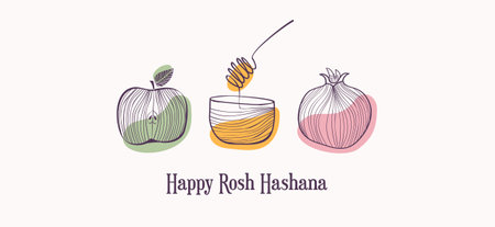 Rosh Hashana, Jewish holiday. Translation from Hebrew - Happy New Year. Apple, honey and pomegranate Jewish New Year symbols and icons. Vector illustrationのイラスト素材