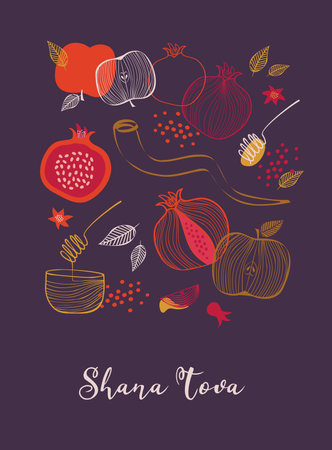 Rosh Hashana, Jewish holiday. Translation from Hebrew - Happy New Year. Apple, honey, pomegranate, Jewish horn and leaves, Jewish New Year symbols and icons. Vector illustrationのイラスト素材