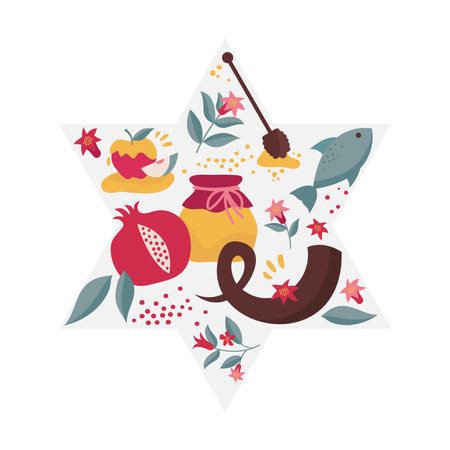Rosh Hashana, Jewish holiday. Translation from Hebrew - Happy New Year. Apple, honey, pomegranate, Jewish horn and leaves, Jewish New Year symbols and icons. Vector illustrationのイラスト素材