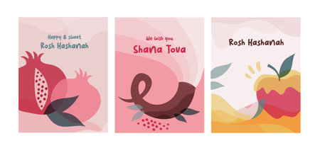 Rosh Hashana, Jewish holiday. Translation from Hebrew - Happy New Year. Apple, honey, pomegranate, Jewish horn and leaves, Jewish New Year symbols and icons. Vector illustrationのイラスト素材