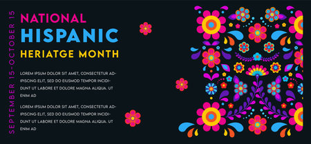 Hispanic heritage month. Vector web banner, poster, card for social media, networks. Greeting with national Hispanic heritage month text, flowers on floral pattern background. Vector illustrationのイラスト素材