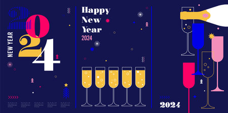 Happy New Year, poster, banner and card design. Vector illustration. 2024 celebrationのイラスト素材