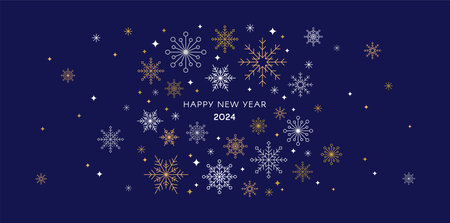 Collection of snowflakes, stars, Christmas decorations, hand drawn illustrations. 2024 celebrationのイラスト素材