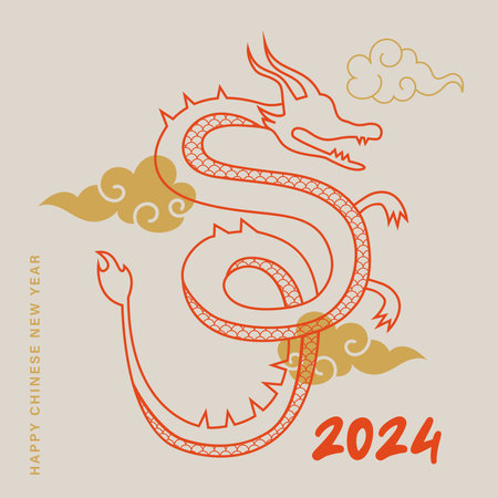 traditional dragon illustration, Lunar, Chinese New Year 2024 , Year of the Dragon. Geometric modern style. Vector illustrationsのイラスト素材