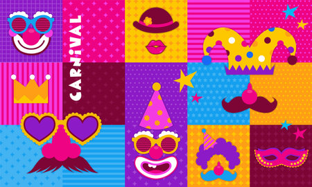 Happy Carnival, colorful geometric background with splashes, speech bubbles, masks and confetti. Vector designのイラスト素材