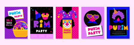 Happy Purim. Jewish holiday background and carnival funfair cards with Carnival masks and traditional Jewish items. happy Purim in Hebrewのイラスト素材