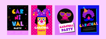 Happy Carnival, colorful geometric background and cards with splashes, speech bubbles, masks and confettiのイラスト素材