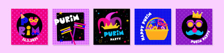 Happy Purim. Jewish holiday background and carnival funfair cards with Carnival masks and traditional Jewish items. happy Purim in Hebrewのイラスト素材