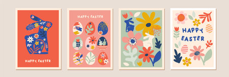 Happy Easter, decorated geometric style Easter card set. Bunnies, Easter eggs, flowers and basket in...