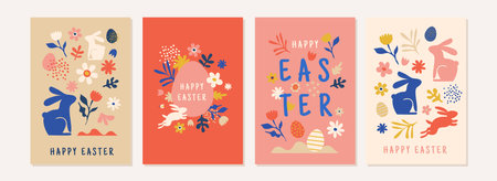 Happy Easter, decorated geometric style Easter card set. Bunnies, Easter eggs, flowers and basket in...