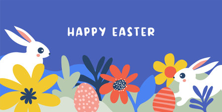 Hello spring, Summer time, Happy Easter, decorated modern style card, banner. Bunnies, flowers and basket. Colorful minimalist designのイラスト素材