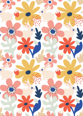Spring, Happy Easter patterned background, decorated modern style card, banner. Patterned eggs with bunnies, flowers and basket. Colorful minimalist designのイラスト素材