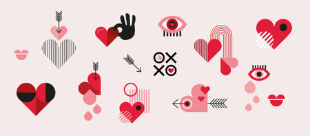 Valentines day elements for poster, greeting card, cover, label, sale promotion templates, wedding invitations, pattern backgrounds in modern trendy geometric style.のイラスト素材