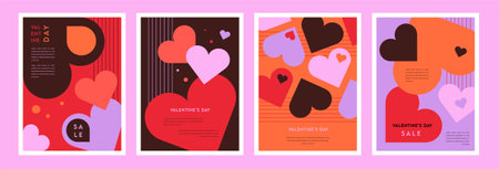 Set of Valentines Day poster, greeting card, cover, label, sale promotion templates, wedding invitations, pattern background in modern trendy geometric style.のイラスト素材