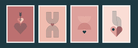 Minimalist Bohemian Valentines day greeting cards, wall art prints. Heart, lips, sun and rainbow, design templates, geometric abstract design elements for decorationのイラスト素材