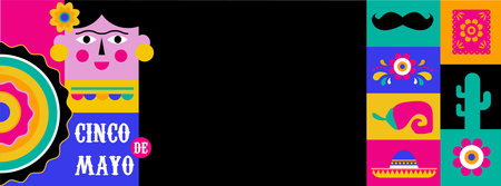 Cinco De Mayo Colorful, bold design in vibrant colors. Mexican elements Fiesta and Mexico icons. Vector illustrations and concept banner designのイラスト素材