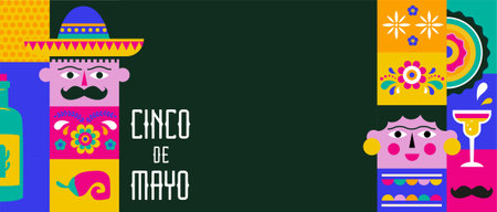 Cinco De Mayo Colorful, bold design in vibrant colors. Mexican elements Fiesta and Mexico icons. Vector illustrations and concept banner designのイラスト素材