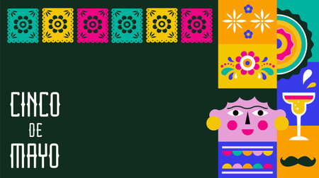 Cinco De Mayo Colorful, bold design in vibrant colors. Mexican elements Fiesta and Mexico icons. Vector illustrations and concept banner designのイラスト素材
