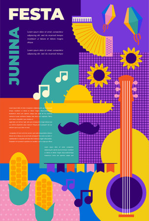 Festa junina poster with geometric pattern. Summer brazilian carnival banner with icons of music, lanterns, flowers, hats and flags. Geometric banner of june festival in Brazil, vector illustrationのイラスト素材