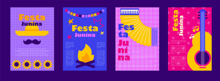 Festa Junina. Vector illustrations. Music Festival. Simple, minimalist icons. Festive banner, poster, cover.のイラスト素材