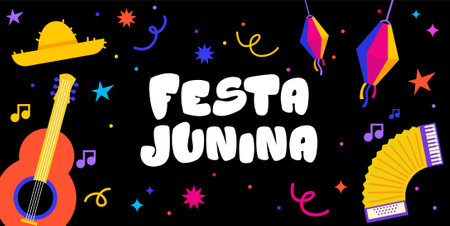Festa Junina. Vector illustrations. Music Festival. Simple, minimalist icons. Festive banner, poster, cover.のイラスト素材