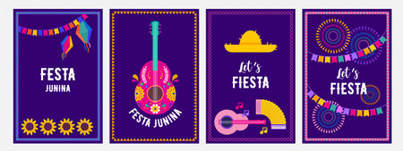 Brazilian Traditional Celebration Festa Junina. Portuguese Brazilian Text saying Friends Village. Festa de Sao Joao. Arraia Portuguese Brazilian Text saying Fair. Festive Typographic Vector Art.のイラスト素材