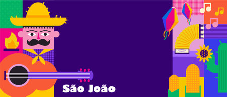 Festa junina poster with geometric pattern. Summer brazilian carnival banner with icons of music, lanterns, flowers, hats and flags. Geometric banner of june festival in Brazil, vector illustrationのイラスト素材