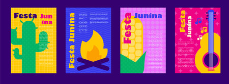 Festa Junina. Vector illustrations. Music Festival. Simple, minimalist icons. Festive banner, poster, cover.のイラスト素材