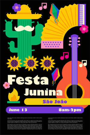 Brazilian Traditional Celebration Festa Junina. Portuguese Brazilian Text saying Friends Village. Festa de Sao Joao. Arraia Portuguese Brazilian Text saying Fair. Festive Typographic Vector Art.のイラスト素材