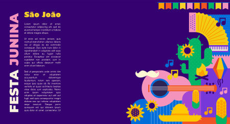 Festa junina poster with geometric pattern. Summer brazilian carnival banner with icons of music, lanterns, flowers, hats and flags. Geometric banner of june festival in Brazil, vector illustrationのイラスト素材