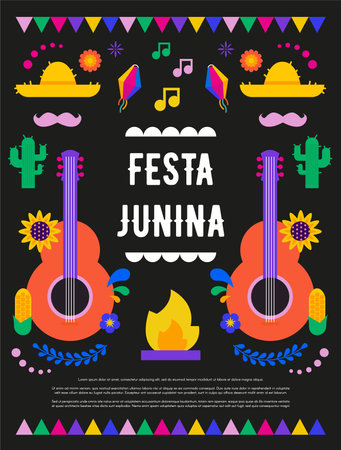 Festa Junina. Vector illustrations. Music Festival. Simple, minimalist icons. Festive banner, poster, cover.のイラスト素材