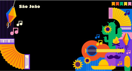 Festa junina poster with geometric pattern. Summer brazilian carnival banner with icons of music, lanterns, flowers, hats and flags. Geometric banner of june festival in Brazil, vector illustrationのイラスト素材