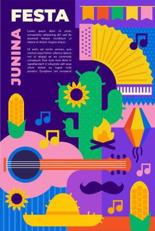 Festa junina poster with geometric modern trendy style. Summer brazilian carnival banner with icons of music, lanterns, flowers, hat and flags. festival in Brazil, vector illustrationのイラスト素材