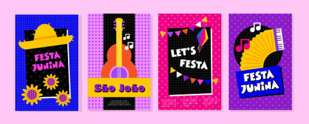 Festa junina poster with geometric pattern. Summer brazilian carnival banner with icons of music, lanterns, flowers, hats and flags. Geometric banner of june festival in Brazil, vector illustrationのイラスト素材