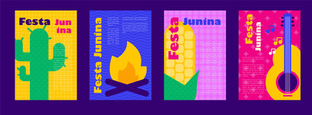 Festa Junina. Vector illustrations. Music Festival. Simple, minimalist icons. Festive banner, poster, cover.のイラスト素材