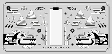 Dragon boat and zongzi dumplings. Chinese text Dragon Boat Festival. Holiday decor, card, poster, banner concept, element. Line artのイラスト素材
