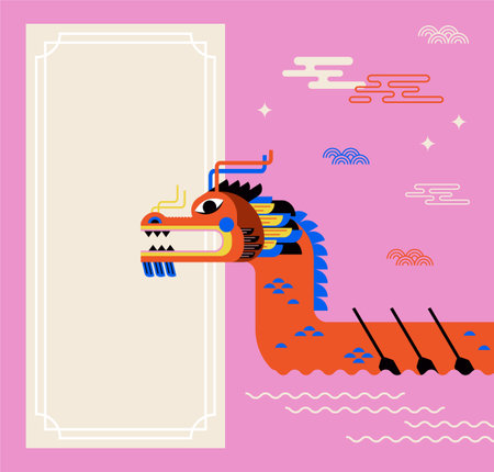 Dragon Boat Festival template design in line bold modern style. Dragon boat and zongzi dumplings. Chinese text Dragon Boat Festival. Holiday banner, card, poster, banner concept.のイラスト素材