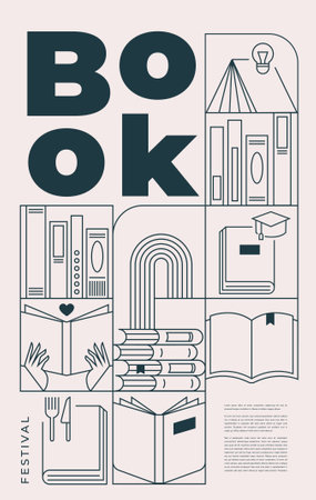 Book fair poster for advertising. Vertical poster for book fair with different books. Advertising template for bookstore,bookshop, library.のイラスト素材